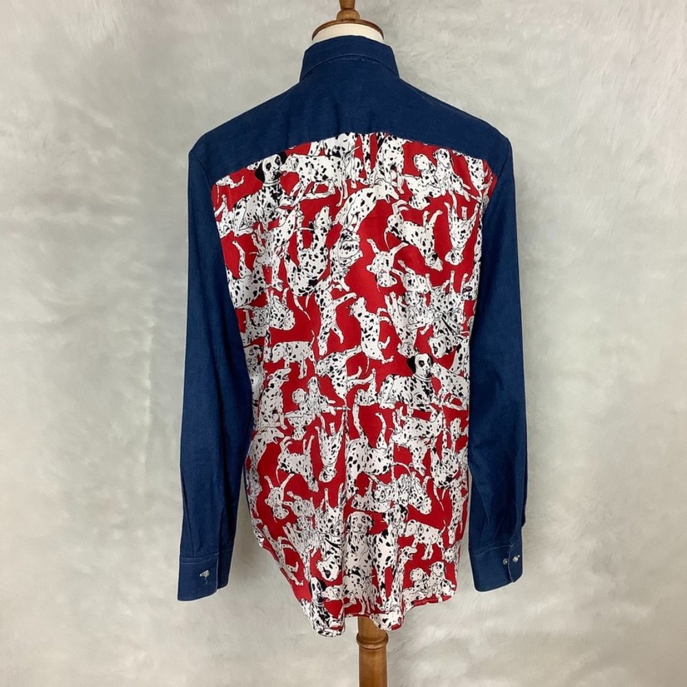 Vintage 90s Cotton Silk Red, White & Black Dalmatian Blue Denim Button Down Top
